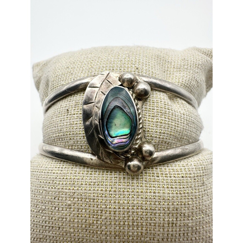 Vintage Southwestern Silver Signed Abalone Feather Leaf Cuff Bracelet